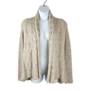 Tan Alpaca Wool Chunky Cozy Cable Knit Open Front Cardigan Sweater Size Large
